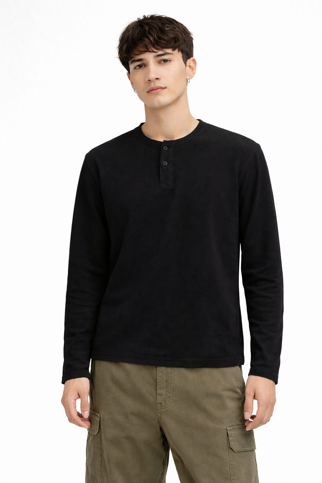 Black Core Henley Waffle Tee