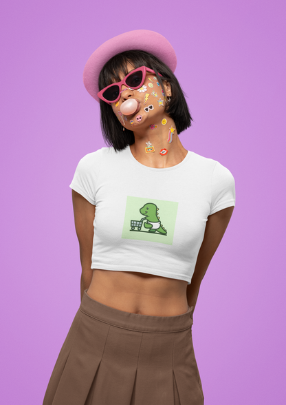 White Shopping Dino Crop Top