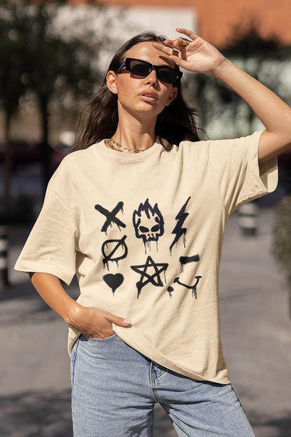 Sprayed Art Beige Oversized Fit Tshirt