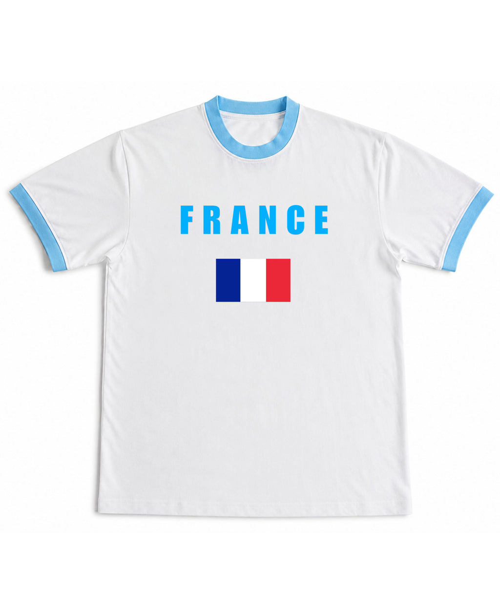 White & Sky Blue Ringer tee Front Design