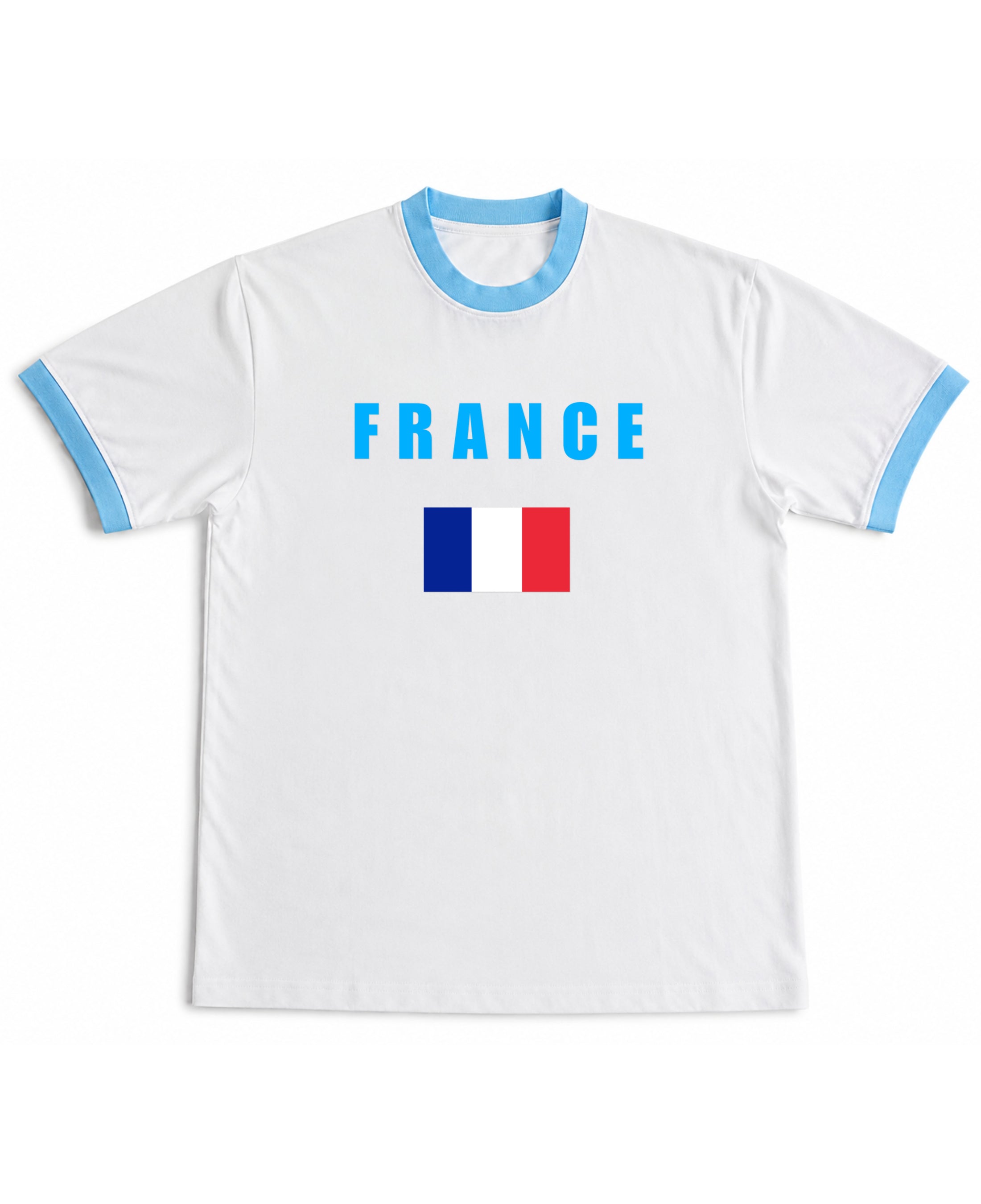 White & Sky Blue Ringer tee Front Design